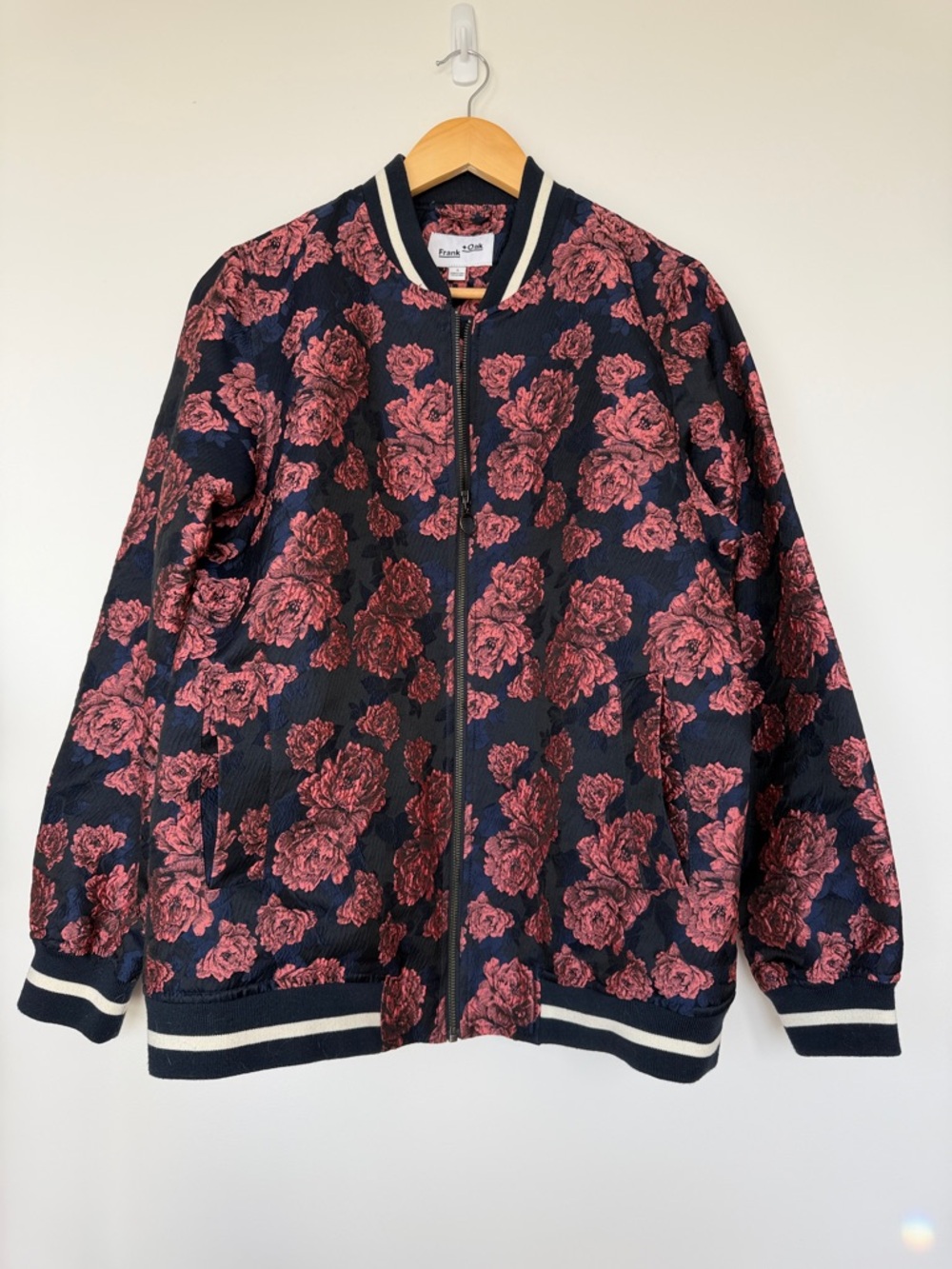 Frank & Oak Brocade Floral Bomber Jacket in Navy and Rose